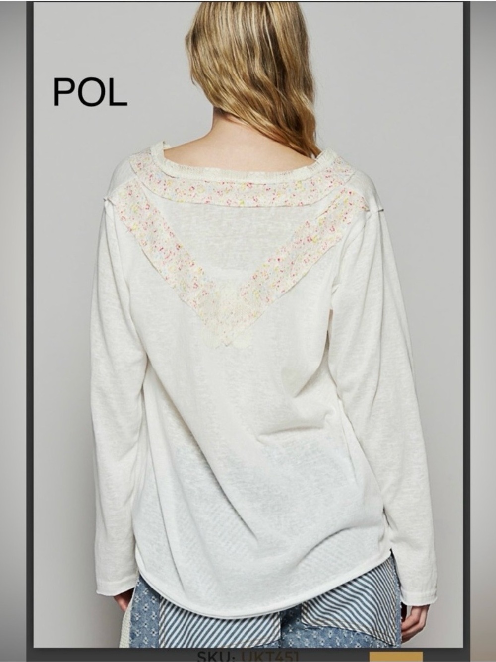 POL Cream Oversized V-Neck Top with Floral Appliqué - Picture 3 of 5